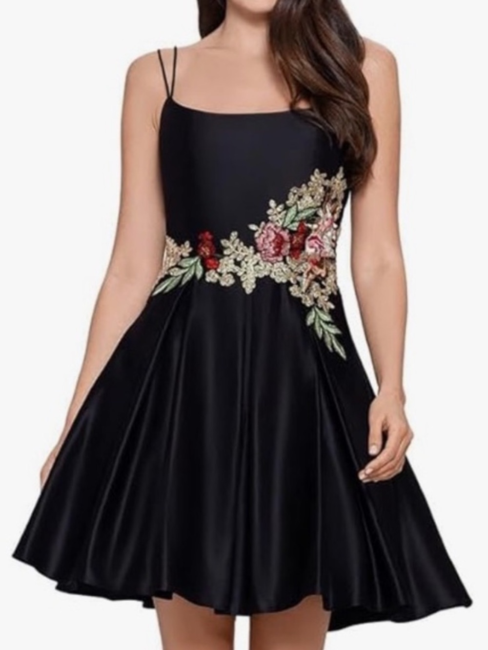 NWT Blondie Nites Women’s Satin Embroidered Mini Dress Size 3.